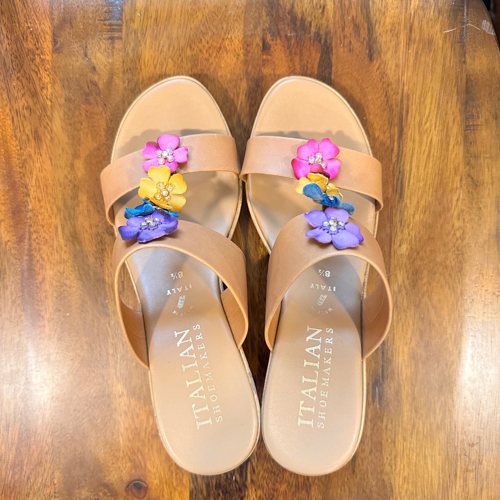 Italian Shoemakers Wedge Sandals Women Tan Floral Rhinestone Cork Slide 8.5 - Picture 2 of 8